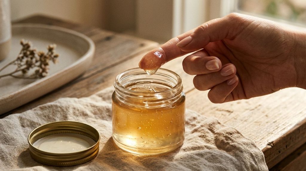 An open jar of the homemade Vaseline glow gel next to a woman s hand scooping a small amount with her finger ready for a