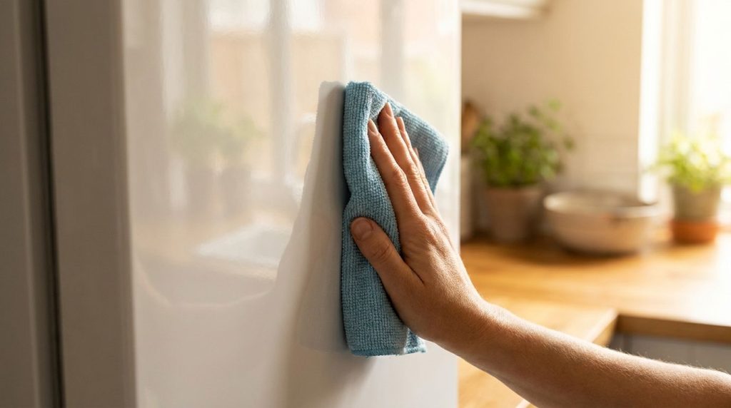 A hand using a clean microfiber cloth to polish a now bright white refrigerator door shining