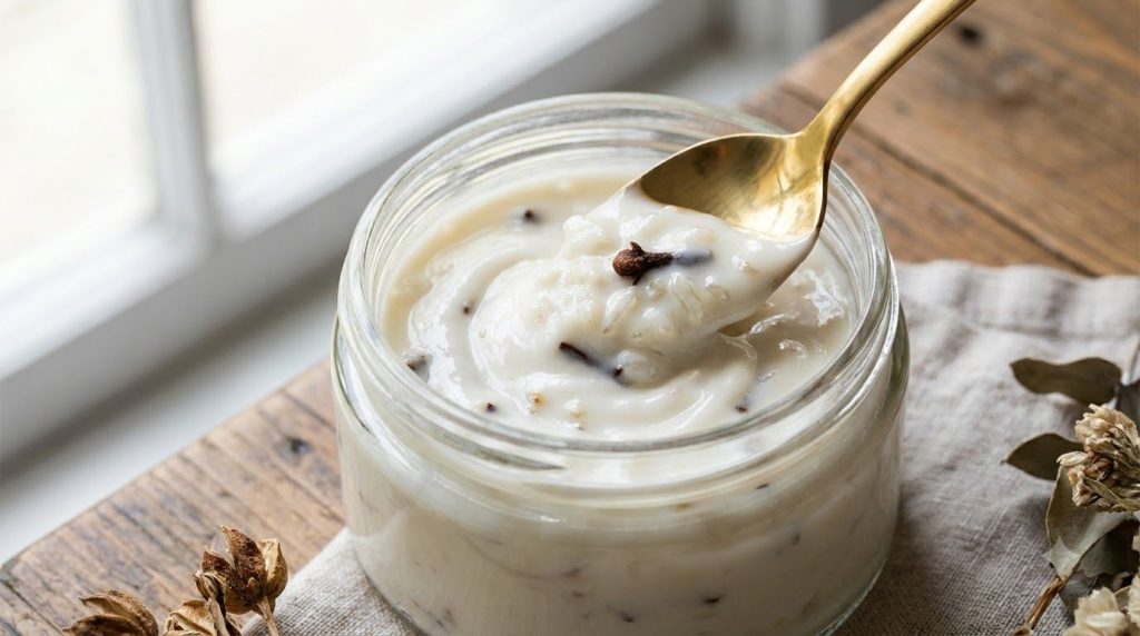 Close-up of a small glass jar containing the homemade Vaseline baby oil rice and clove mixture with a golden spoon dippi