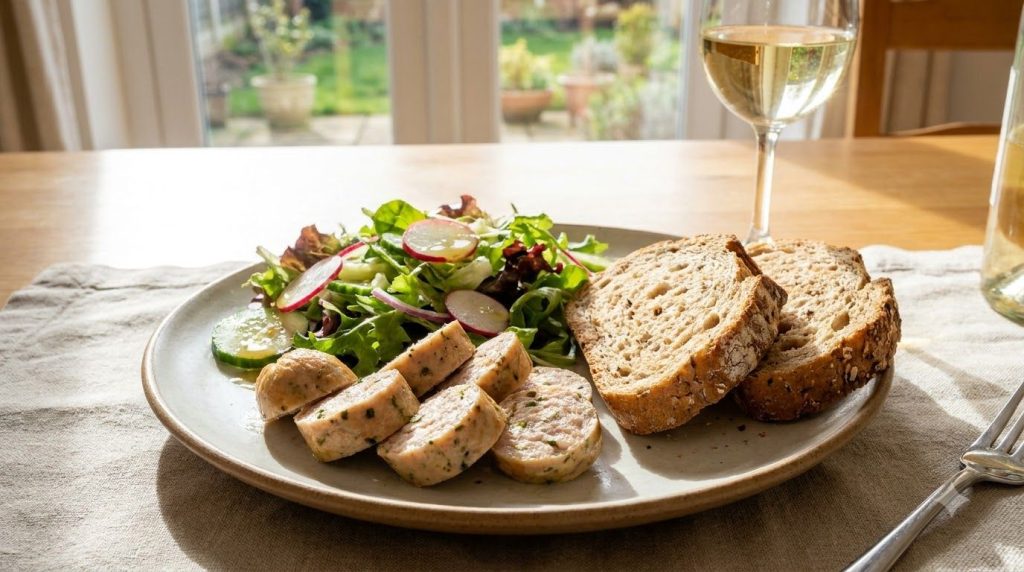 A beautifully composed plate with slices of homemade chicken sausage a fresh green salad and maybe some whole-grain brea