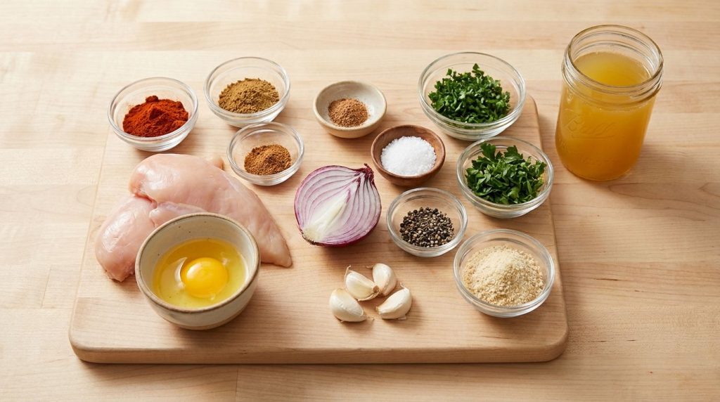 A selection of fresh ingredients for chicken sausage laid out on a kitchen counter chicken breast egg onion garlic pimen