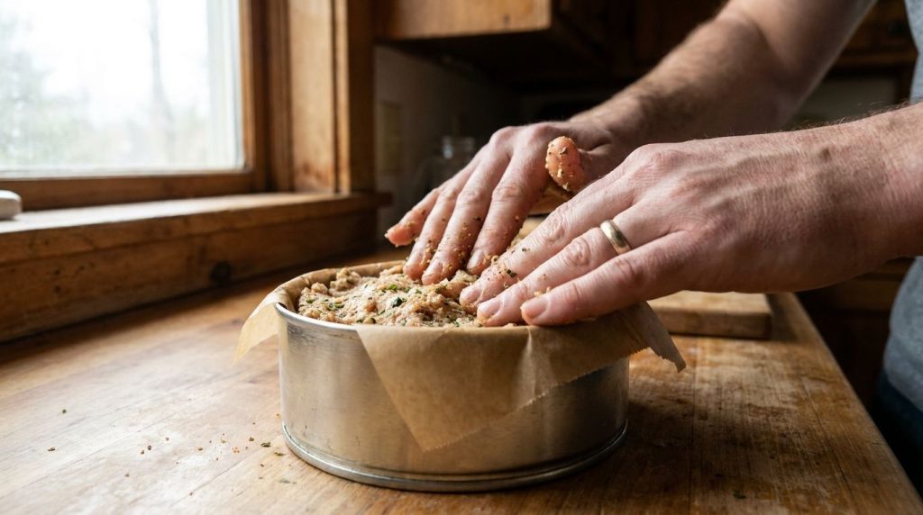 A close-up shot of the chicken mixture being pressed firmly into a can lined with parchment paper showing the compacting