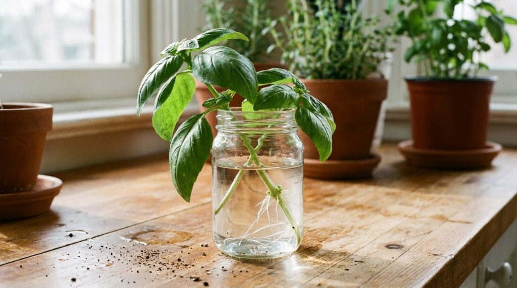 A close-up of a small glass jar with a fresh basil stem cutting showing new white roots emerging in the water
