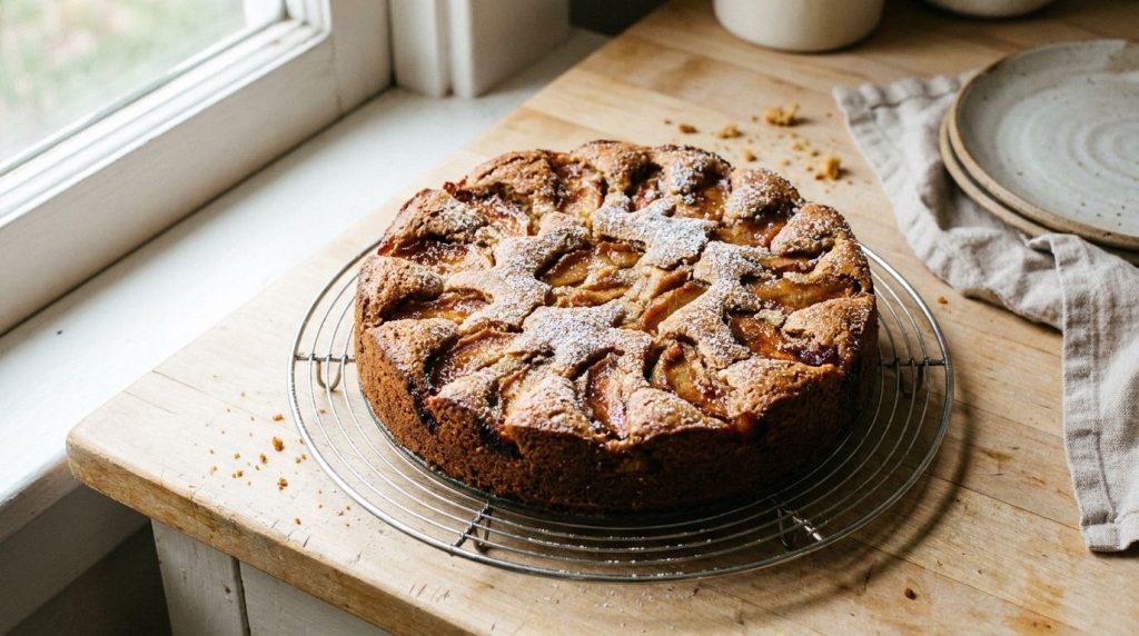 A whole flourless apple cake beautifully baked and golden brown cooling on a wire rack on a kitchen counter The texture 