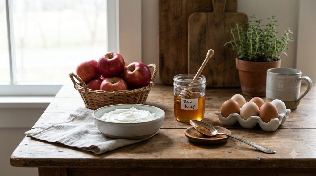 Ingredients for flourless apple cake laid out on a wooden table fresh red apples eggs a bowl of plain yogurt a jar of ho