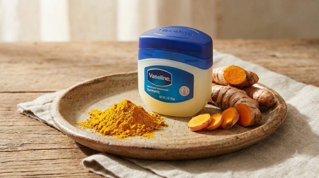 A jar of Vaseline next to a pile of turmeric powder and fresh turmeric roots