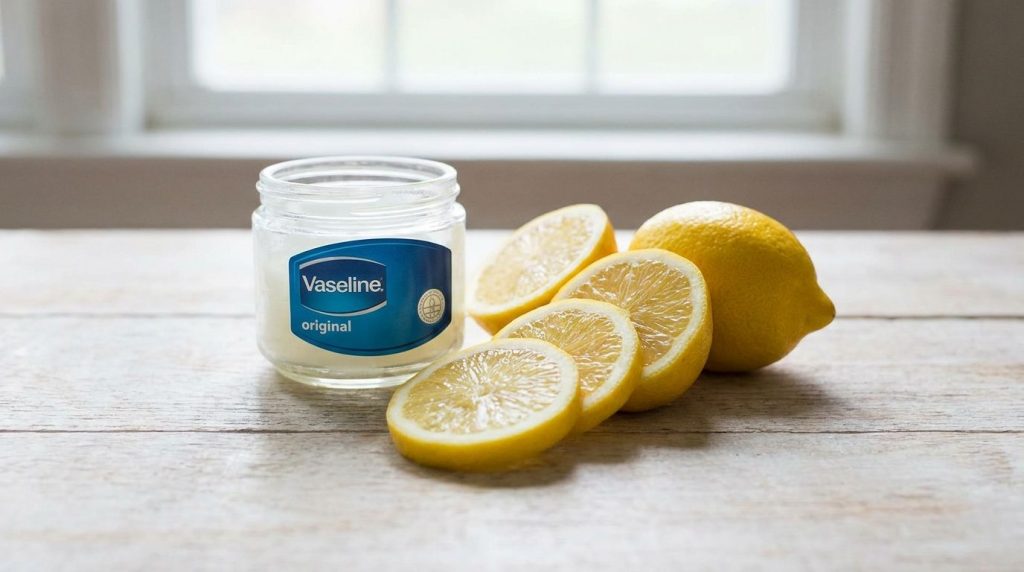 A jar of Vaseline next to fresh lemon slices