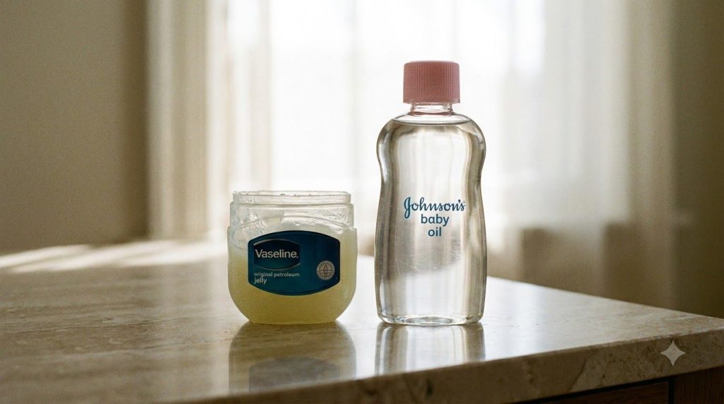 A jar of Vaseline next to a bottle of Johnson s baby oil