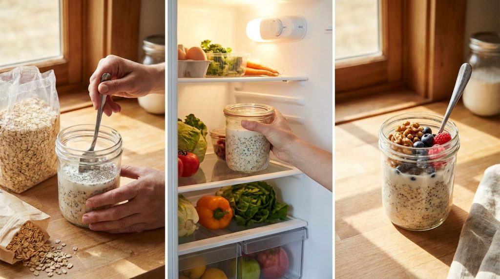 Hands mixing ingredients in a glass jar for overnight oats then placing it in a refrigerator The final image shows the p
