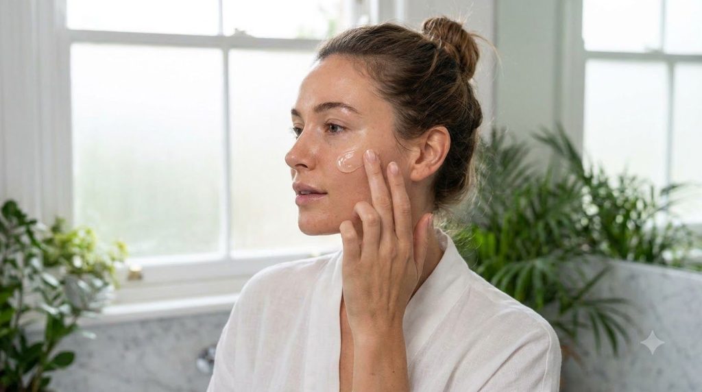 A woman with glowing radiant skin applying a small amount of translucent gel to her face with her fingertips Her skin lo