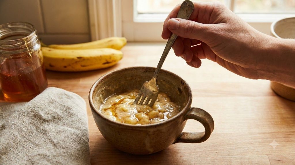 A close-up of a hand mixing banana and honey mug cake batter in a ceramic mug with a fork