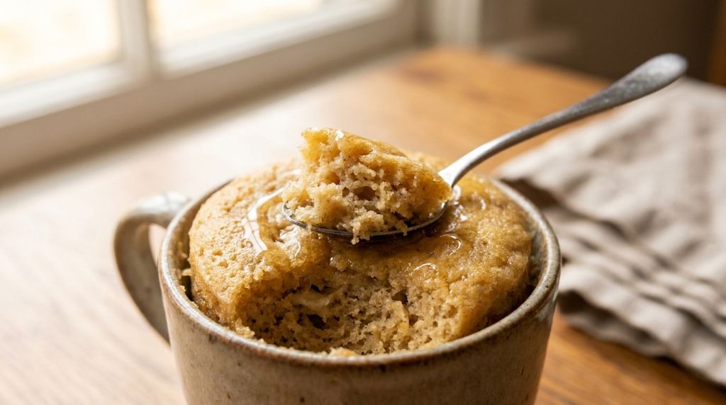 A perfectly cooked banana and honey mug cake showing its fluffy moist texture with a spoon digging in