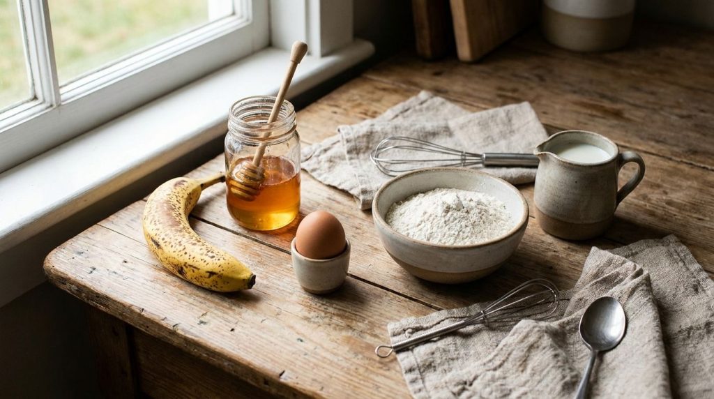 Ingredients for banana and honey mug cake including a ripe banana honey egg flour and milk neatly arranged on a kitchen 
