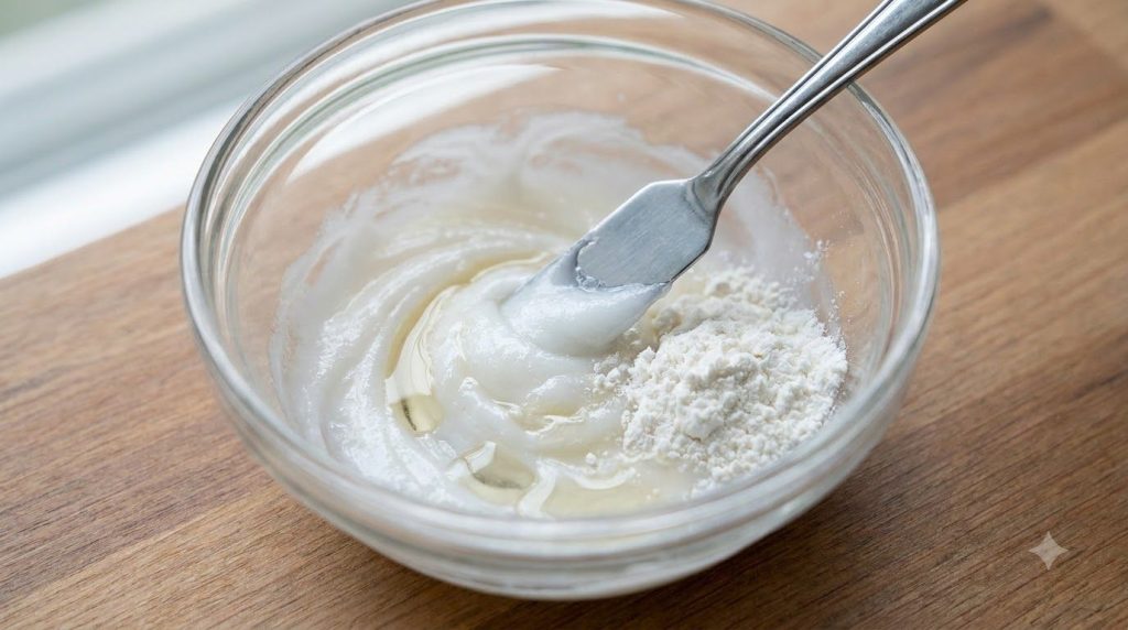 Close-up of a small bowl with the three ingredients Vaseline baby oil rice flour being mixed together with a spatula to