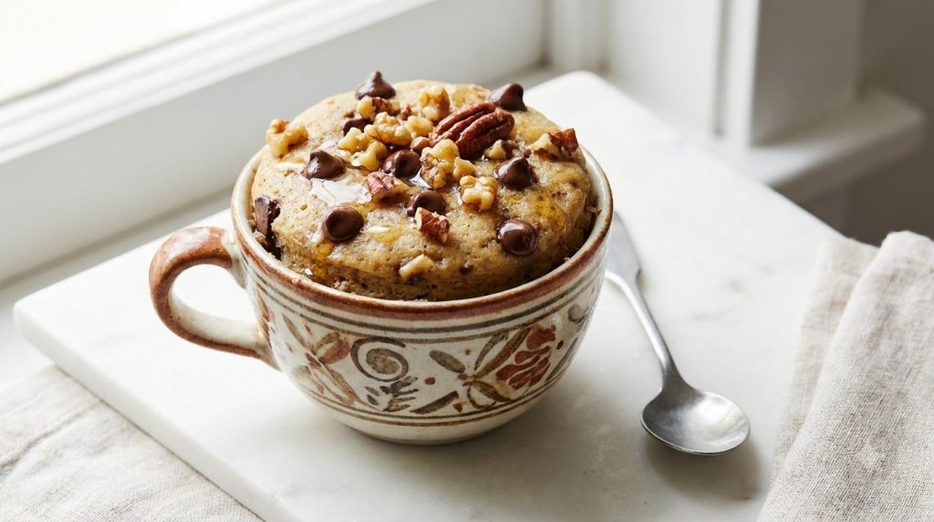 A banana and honey mug cake topped with chocolate chips and chopped nuts showcasing a variation