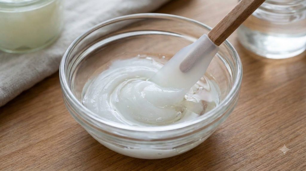 Close-up shot of a small bowl where Vaseline and baby oil are being mixed together with a tiny spatula showing a smooth 