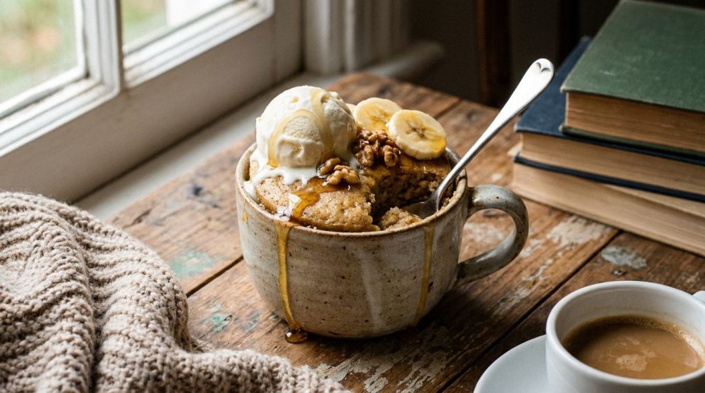 A banana and honey mug cake served with a scoop of vanilla ice cream melting slightly on top