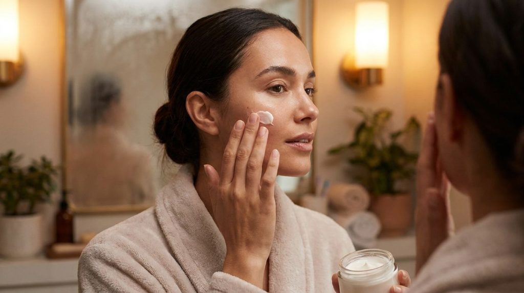 A woman gently applying a small amount of the prepared night gel onto her clean face with a soft radiant glow on her ski