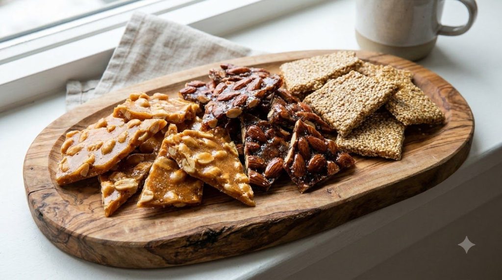 Various types of homemade brittle including peanut almond and sesame seed brittle on a platter