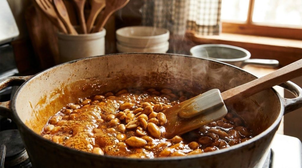 Close-up of golden caramel in a pot with peanuts being stirred in