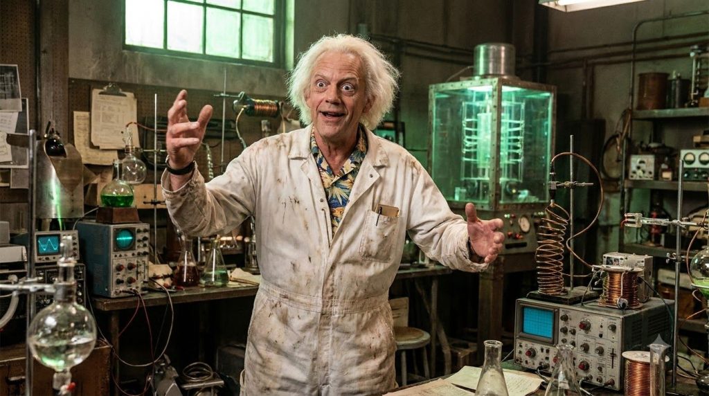 Christopher Lloyd as Doc Brown from Back to the Future with wild white hair and a look of excited scientific discovery p