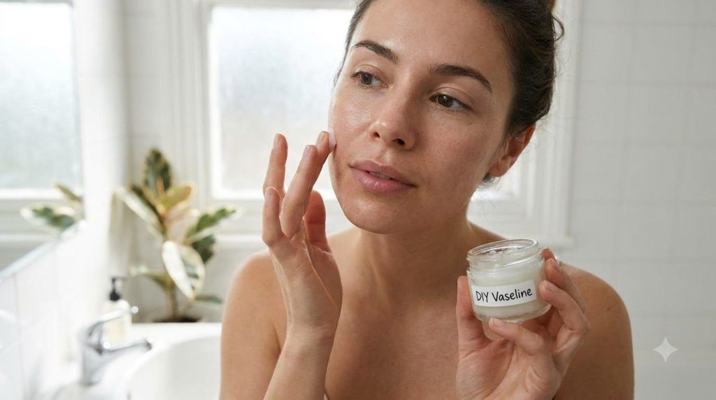 A woman gently applying a homemade Vaseline mixture to her cheek with her fingertips demonstrating a skincare routine He