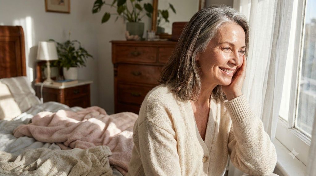 A woman smiling and touching her glowing hydrated skin in the morning light embodying the crystal skin effect The settin