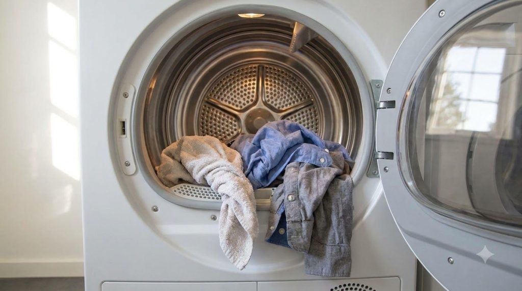 A lightly damp wrung-out towel inside a dryer with two wrinkled shirts illustrating the damp towel method for wrinkle re