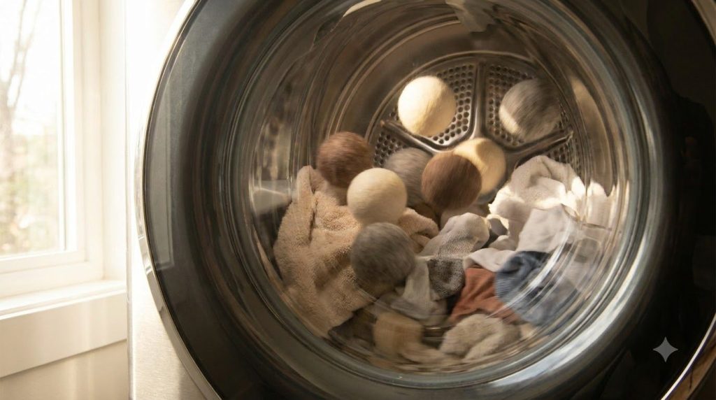 Multiple wool dryer balls tumbling with a load of clothes inside an active clothes dryer illustrating the use of dryer b
