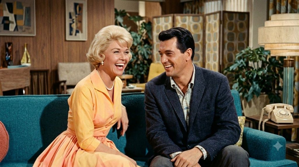 Rock Hudson and Doris Day laughing together in a scene from the movie Pillow Talk showing their romantic comedy chemistr