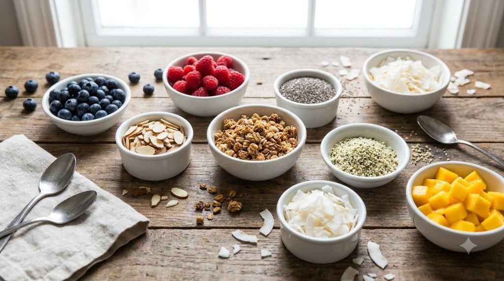 A vibrant array of small bowls filled with various toppings for overnight oats including fresh berries chopped nuts seed