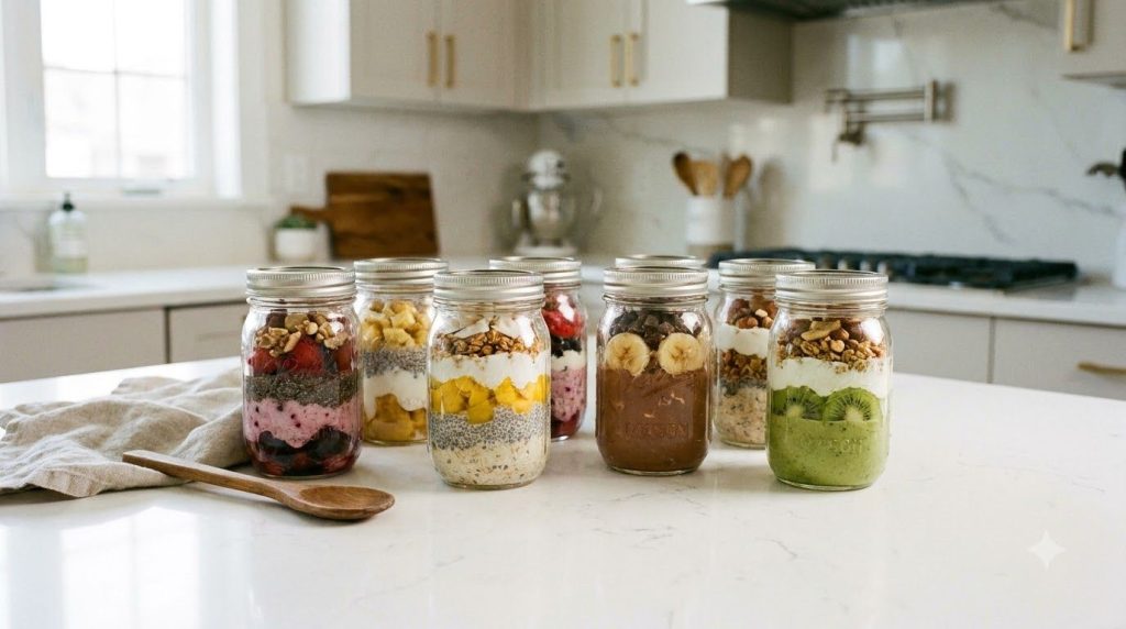 Several glass jars filled with different flavored overnight oats arranged neatly on a kitchen counter ready for meal pre