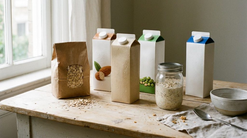 A selection of various milk cartons and a container of rolled oats arranged neatly next to a glass jar of plain overnigh