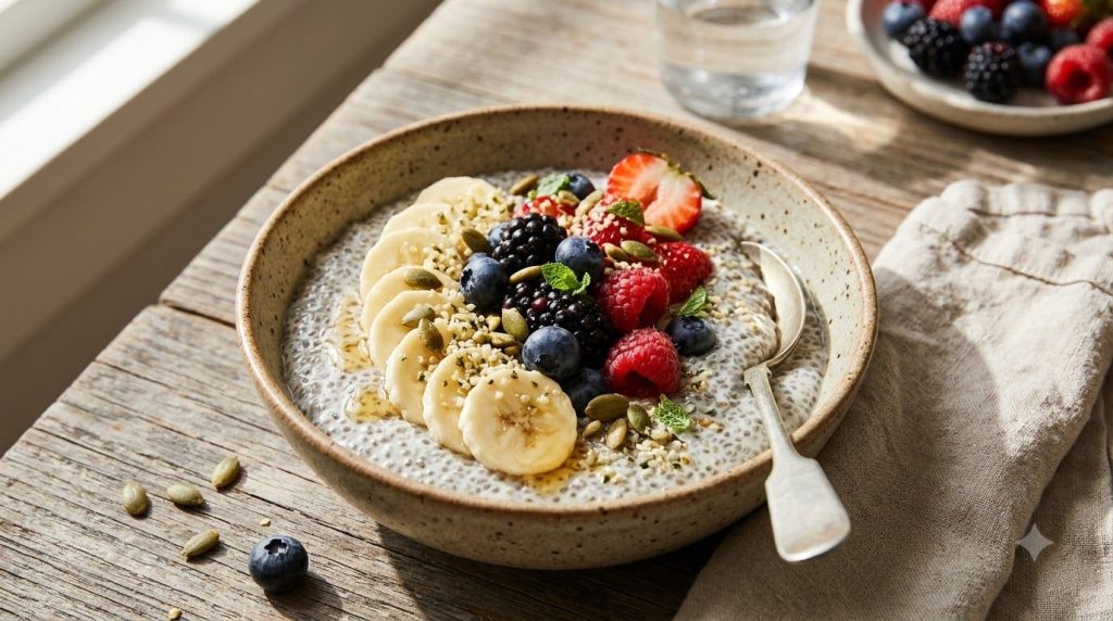 A vibrant healthy breakfast bowl featuring chia seed pudding topped with sliced bananas and fresh berries ready to eat