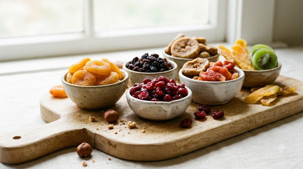A variety of colorful dried fruits such as raisins apricots and cranberries neatly arranged in small bowls on a wooden b