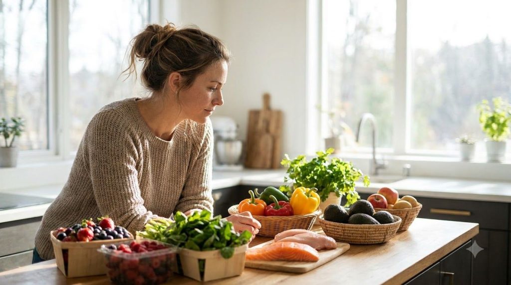 A woman looking thoughtfully at a variety of fresh healthy foods like vegetables fruits and lean proteins arranged on a 