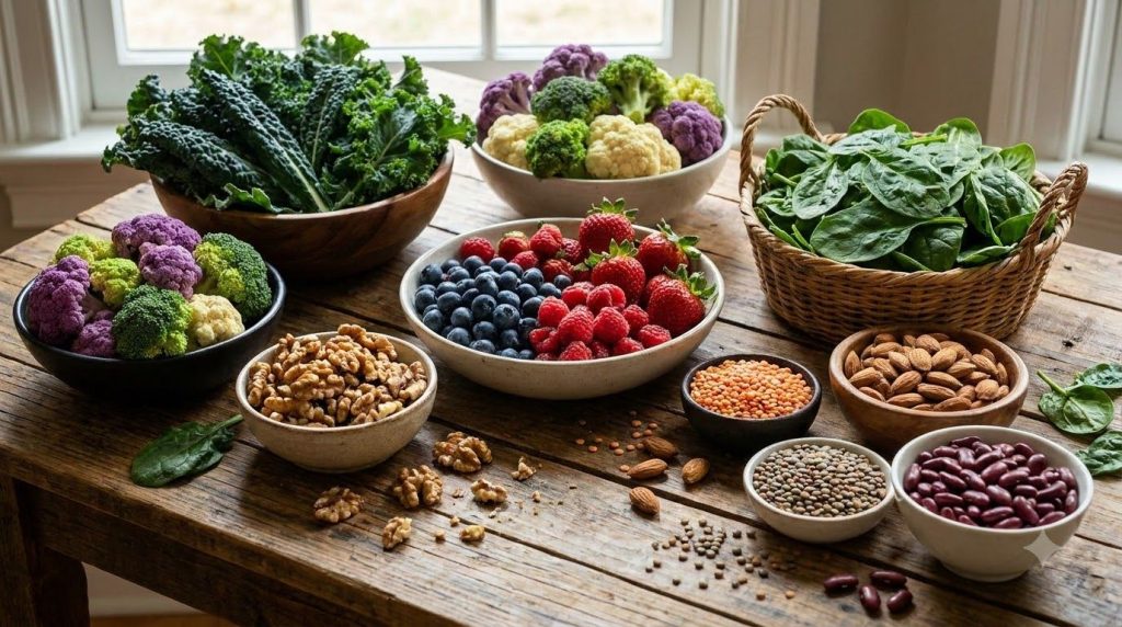 A vibrant and colorful selection of other hormone-friendly foods including leafy greens berries cruciferous vegetables n