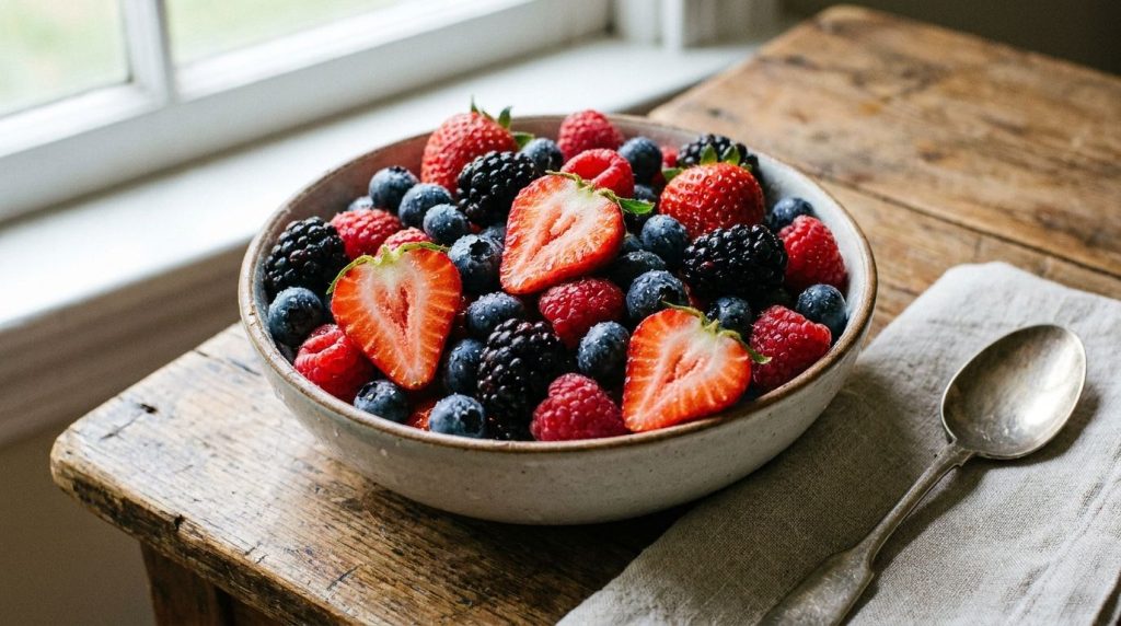 A colorful bowl of fresh mixed berries including strawberries blueberries raspberries and blackberries with water drople