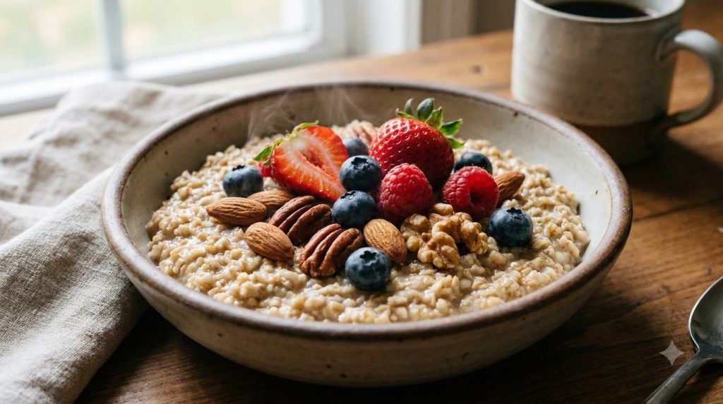 A close-up shot of a bowl of creamy steel-cut oats topped with fresh berries and nuts highlighting its hearty texture