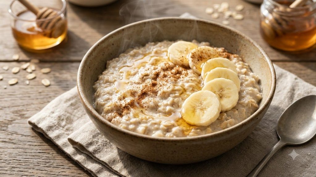 A bowl of creamy rolled oats garnished with sliced bananas a drizzle of honey and a sprinkle of cinnamon illustrating a