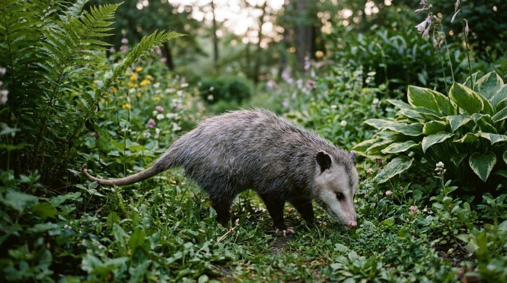 A healthy opossum foraging naturally in a lush green garden at dusk illuminated by soft natural light It is a full-body 
