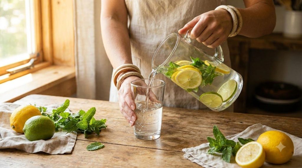 A woman pouring detox water into a glass with various fruits and herbs on a wooden table