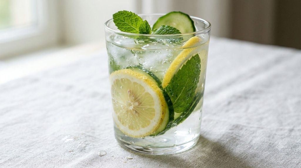 Close-up of a glass of lemon and cucumber detox water with ice and fresh slices