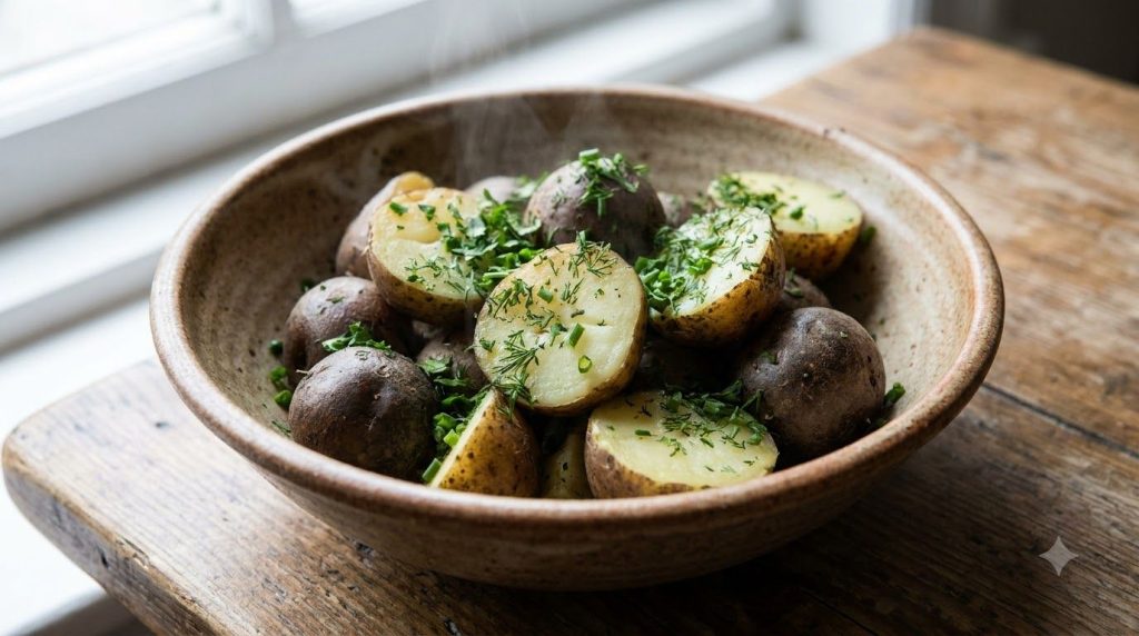 A close-up of beautifully boiled potatoes some with skins on topped with fresh green herbs like parsley or dill in a rus