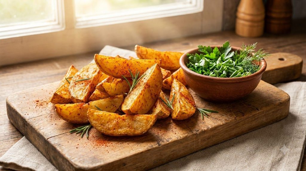 A vibrant and appealing homemade baked potato wedge dish lightly seasoned with a bowl of fresh herbs on the side