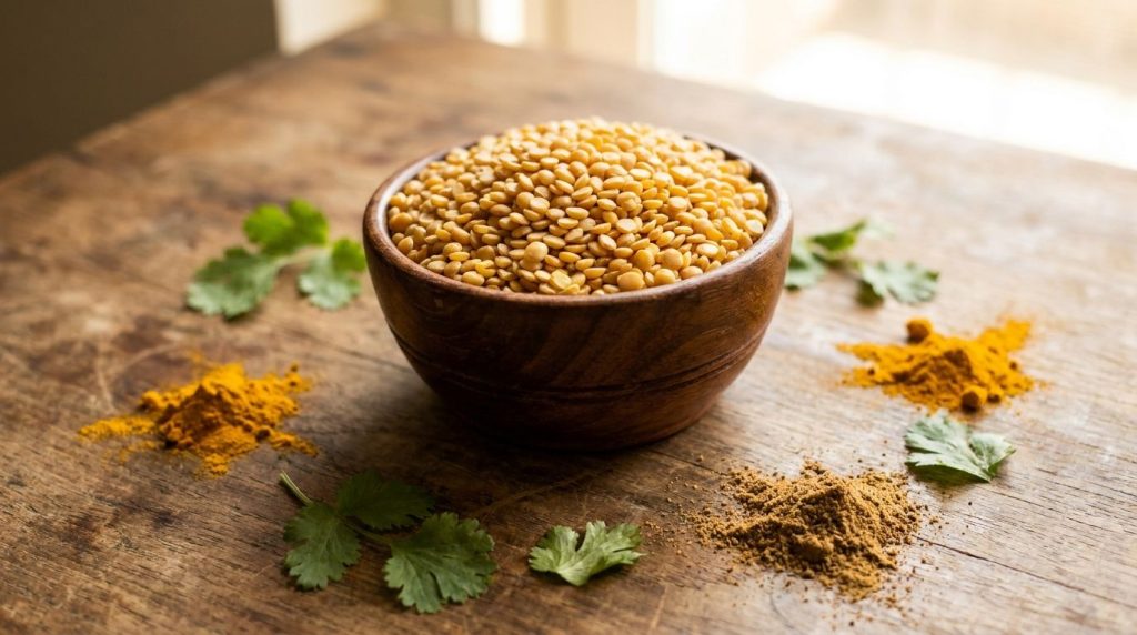 A close-up shot of uncooked Toor Dal in a wooden bowl on a rustic kitchen table surrounded by fresh herbs like cilantro 