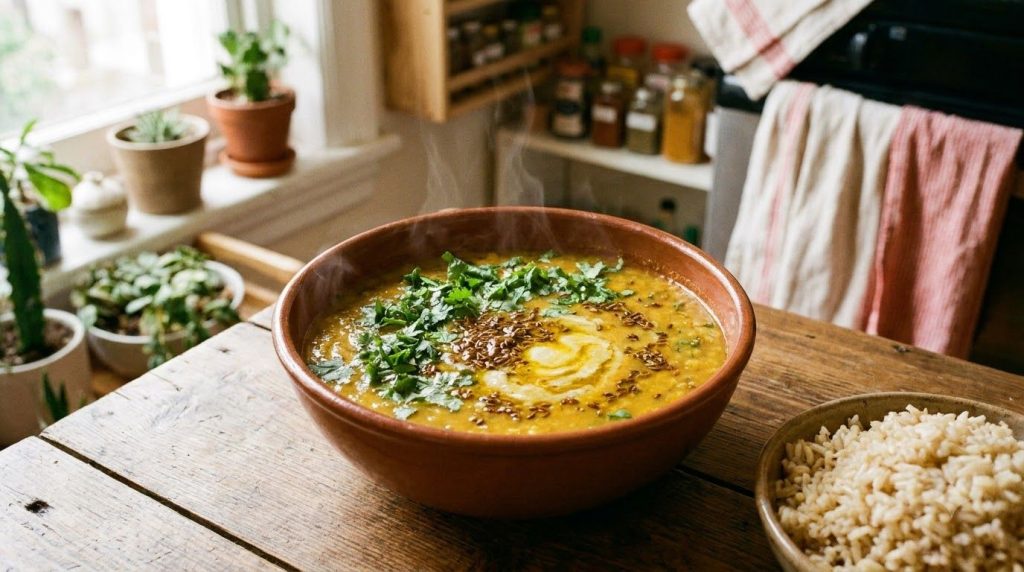 A vibrant steaming bowl of traditional Indian Toor Dal garnished with fresh cilantro served with a side of brown rice on