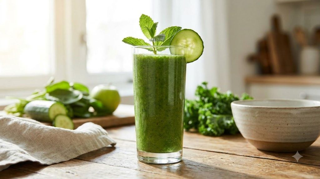 A refreshing green smoothie made with spinach kale cucumber and green apple garnished with a mint leaf in a tall glass