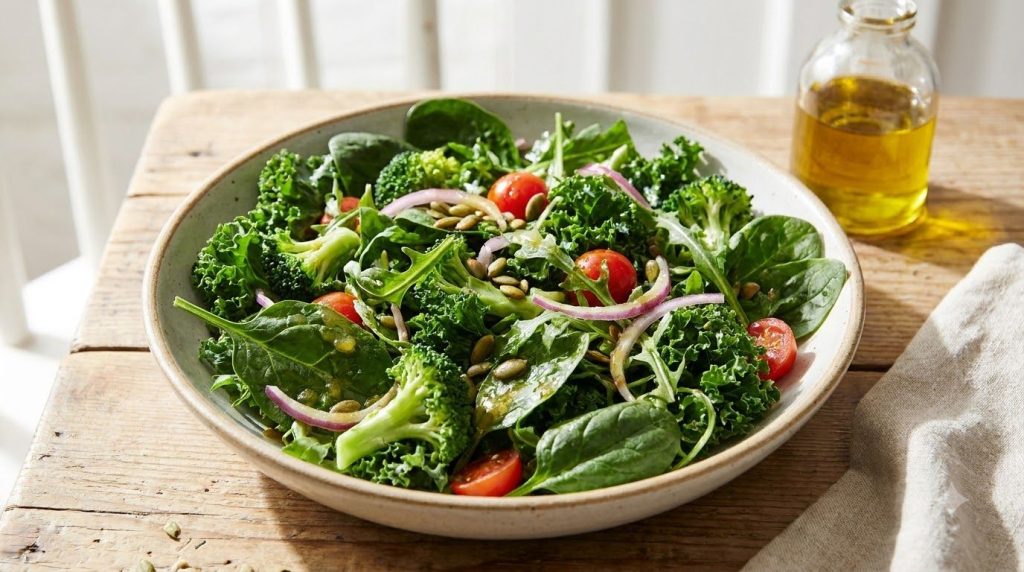A vibrant green salad with fresh spinach kale arugula broccoli florets and a light vinaigrette dressing