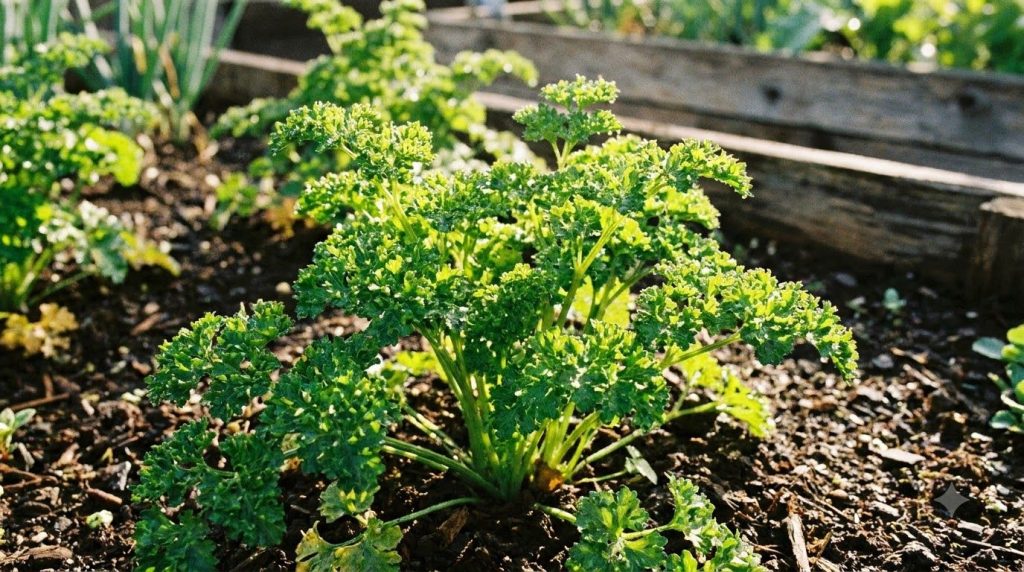 A vibrant lush parsley plant thriving in a sunny garden bed surrounded by healthy soil and other herbs